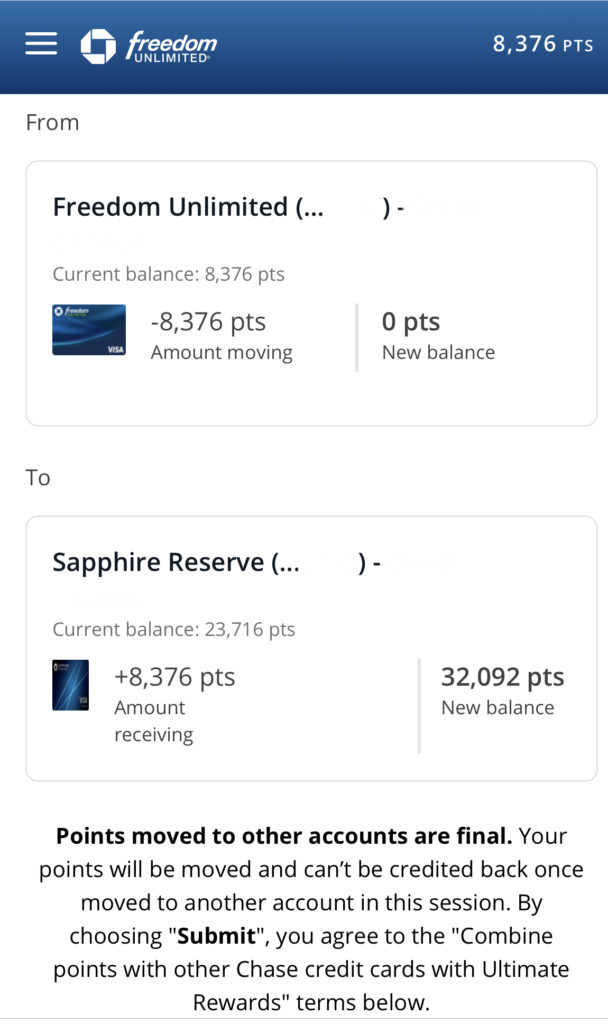 Freedom Unlimited card point transfer to Chase Ultimate Rewards