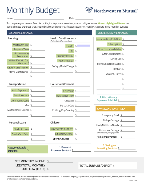 Northwestern Mutual family budget template that you can use with your family financial planner