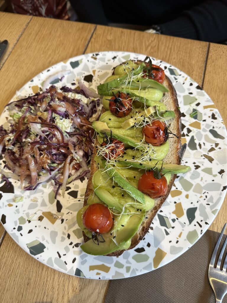 Avocado toast for a late afternoon snack from Atelier Café Chamonix, France.