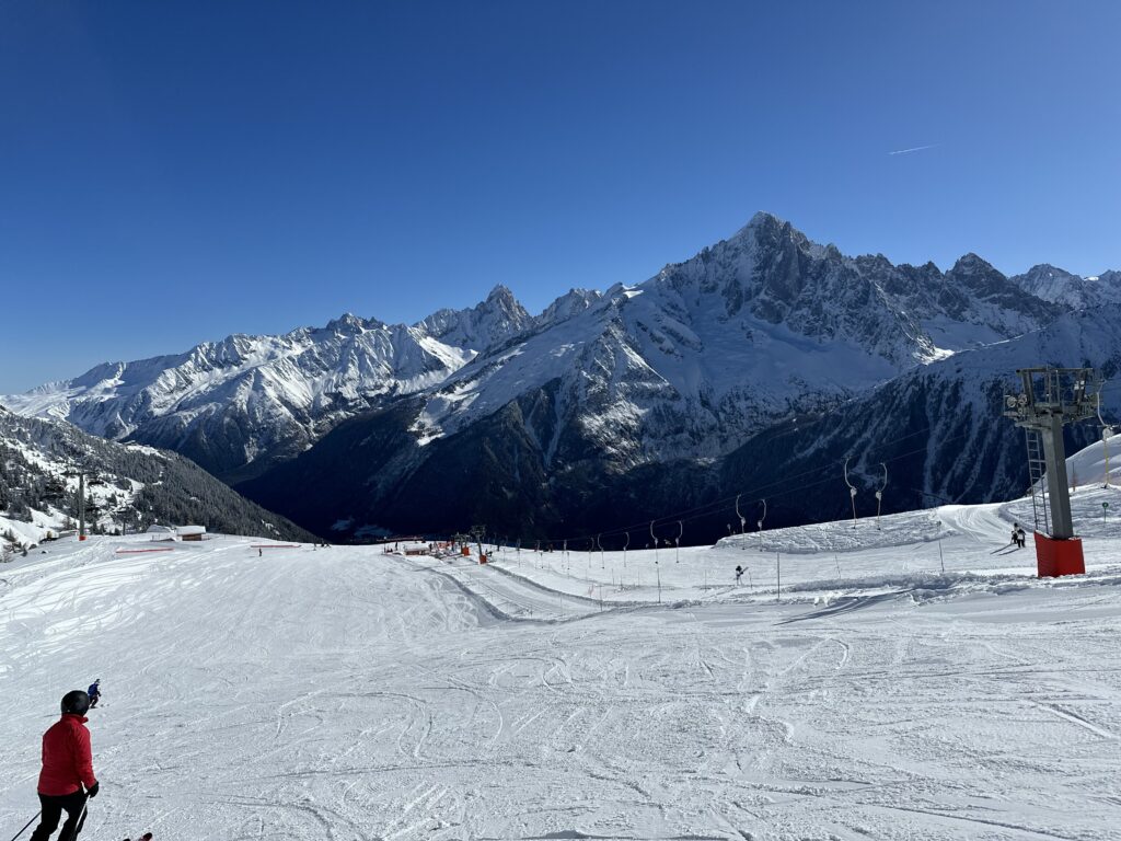 Skiing the slopes at Brevent in Chamonix, France in the French Alps. 